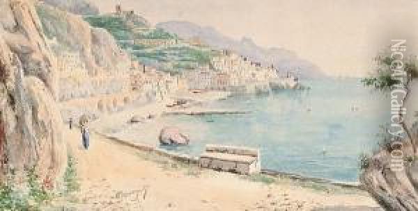 View Of Amalfi, With A Continental Watercolour Of A Woman In Traditional Dress Oil Painting - Alexander James Mavrogordato