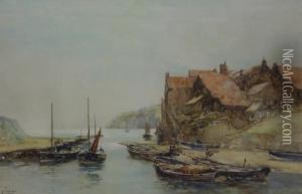 Fishing Boats At Staithes Oil Painting - John Terris