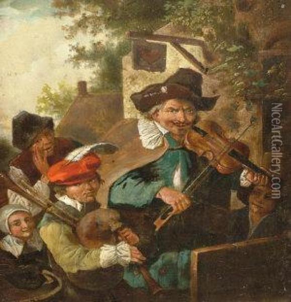 A Fiddle Player And A Boy Playing The Bagpipes Outside Atavern Oil Painting - David The Younger Teniers