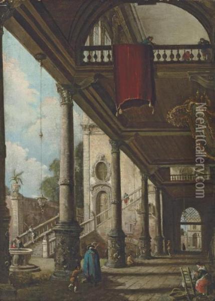 A Venetian Capriccio With A Portico Oil Painting - (Giovanni Antonio Canal) Canaletto