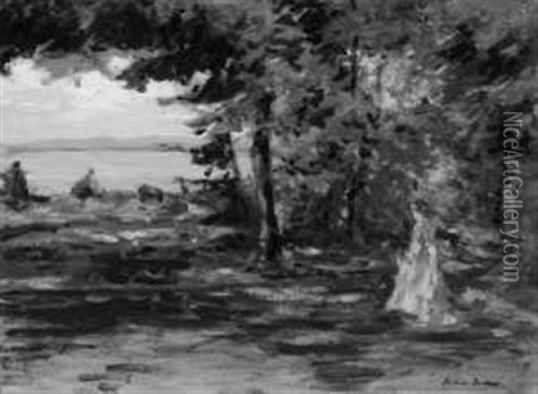 Frau Auf Einem Waldweg Am See Oil Painting - Hans am Ende