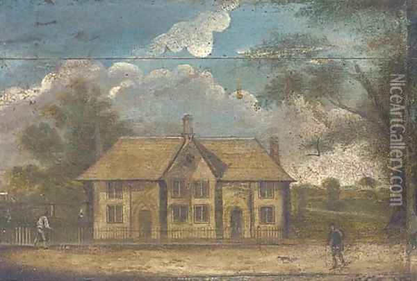 Figures by country cottages Oil Painting - English Provincial School