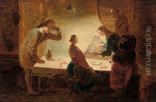 A Fortune-teller Reading A Young Girl's Palm At A Table, With Three Men Watching Oil Painting - Leonard Bramer