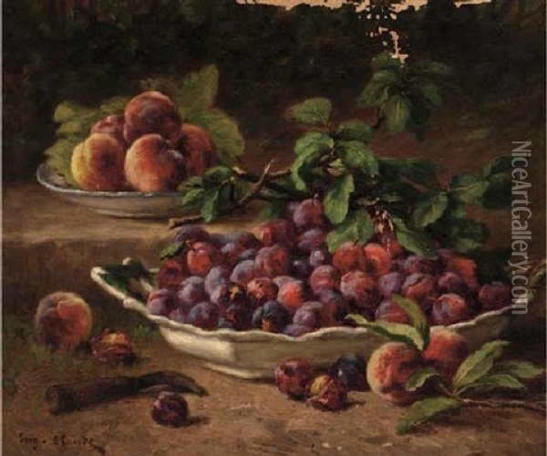 Bowls Of Plums And Peaches Int The Garden Oil Painting - Eugene Claude