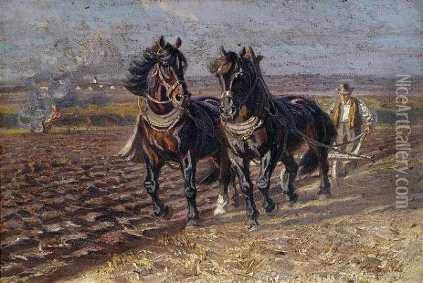 Two Black Horses Ploughing Oil Painting - Friedrich Eckenfelder