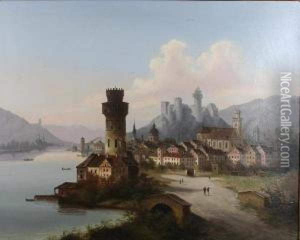 River Landscape With Castle And Town, Thoughtto Be On The Rhine Or The Danube Oil Painting - J. Wilhelm Jankowski