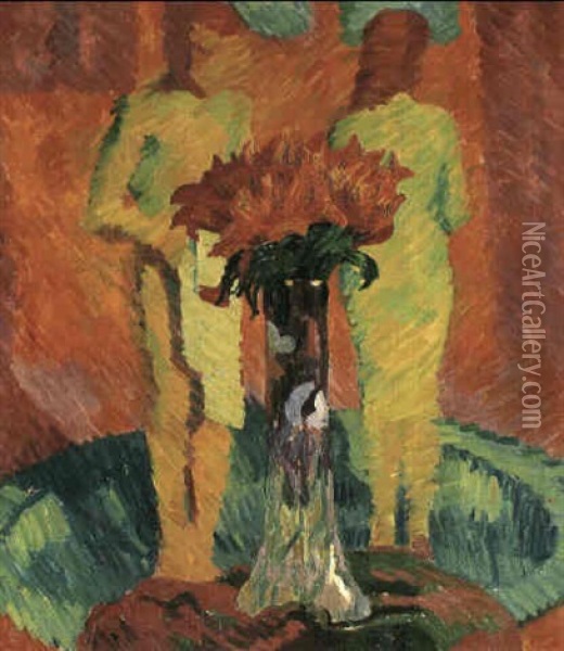 Knabe Und Madchen Hinter Vase Mit Feuerlilien Oil Painting - Giovanni Giacometti