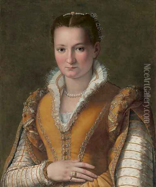 Portrait of a lady, possibly Bianca Capello de'Medici, half-length, in an embroidered gold dress and pearls Oil Painting - Alessandro Allori