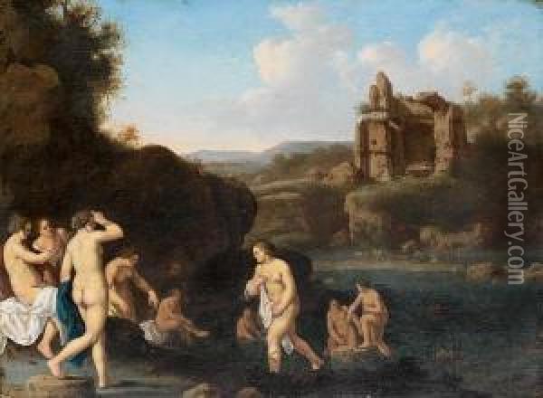 An Italianate Landscape With Nymphs Bathing Oil Painting - Jan van Haensbergen