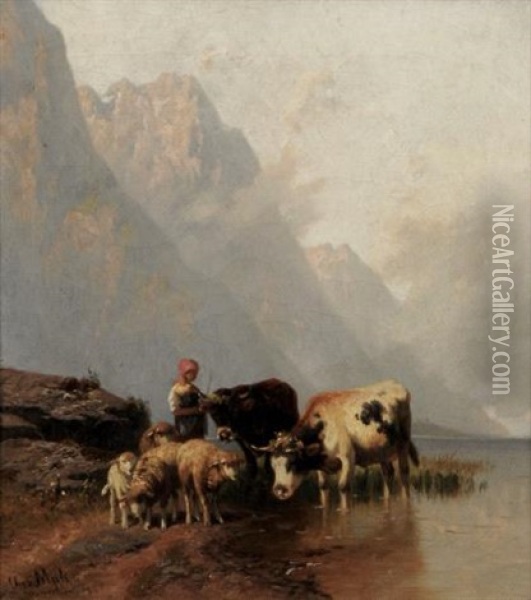Hirtenmadchen Mit Kuhen Und Schafen Am Bergsee Oil Painting - Christian Friedrich Mali
