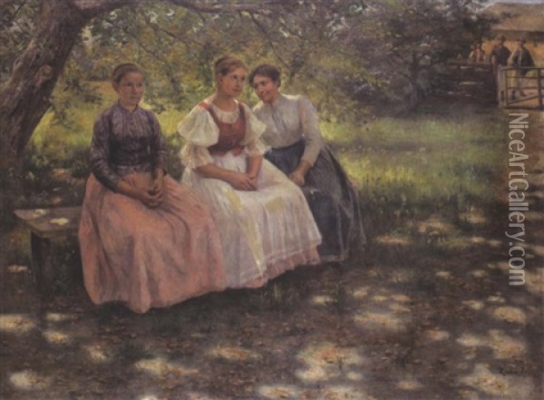 Drei Madchen Auf Der Gartenbank Oil Painting - Imre Revesz