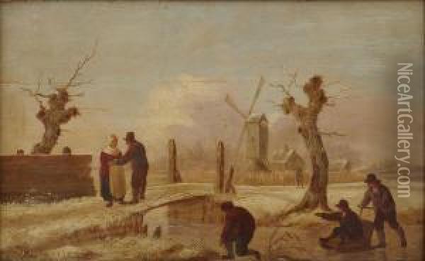Figures On A Frozen Canal Oil Painting - Andries Vermeulen