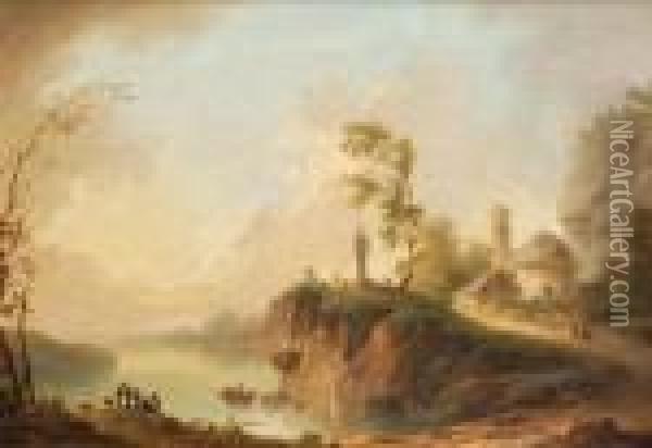Figures Ina Lake Landscape Oil Painting - Jean-Baptiste Pillement