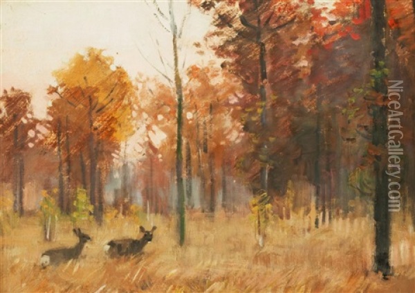 Rehe Im Wald Oil Painting - Stanislav Lolek