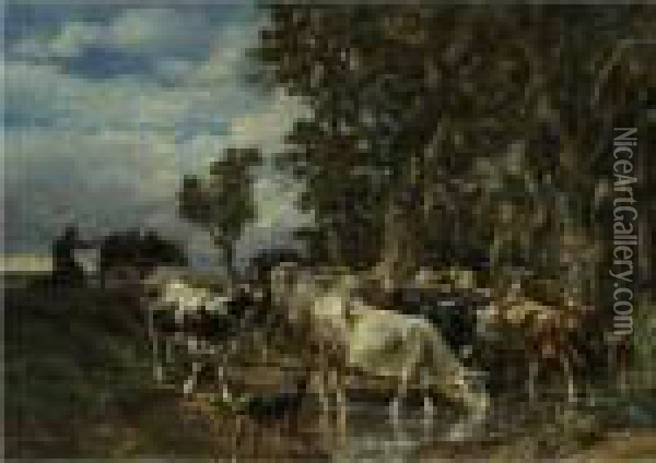 Troupeau De Vaches A L'abreuvoir Oil Painting - Charles Emile Jacque