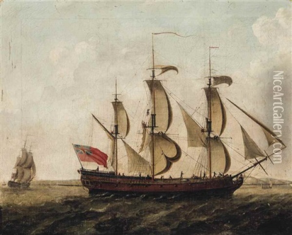 An East Indiaman In Two Positions Off The South Foreland Oil Painting - Francis Holman