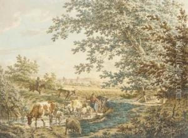 Cattle At A Pond In A Landscape;
 And A Woman With Cattle Crossing Abridge In An Extensive Landscape Oil Painting - Jacob Cats