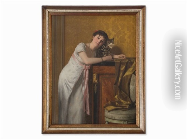 Portrait Of A Woman With Cat Oil Painting - Paul Preyer