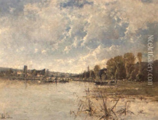 A River Landscape Oil Painting - Adolphe Etienne Viollet-Le-Duc