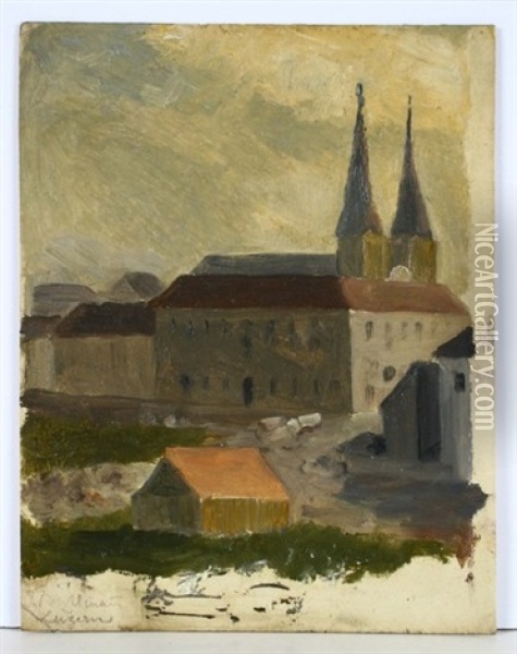 Blick Auf Luzern. Landschaftstudie. Kreuzgang (3 Works) Oil Painting - Johann-Rudolph Buhlmann