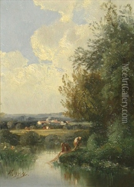Fishermen By The Riverbank Oil Painting - Eugene Victor de Flogny