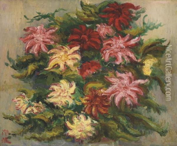 Flowers In Bloom Signed In Chinese Oil Painting - Chen Cheng-Po