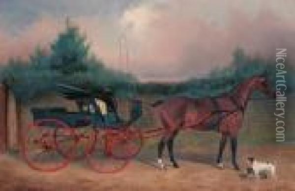 Shin-a-beg, A Bay Carriage Horse In A Trap, With A Terrier And Apug In A Stable Yard Oil Painting - Colin Graeme Roe