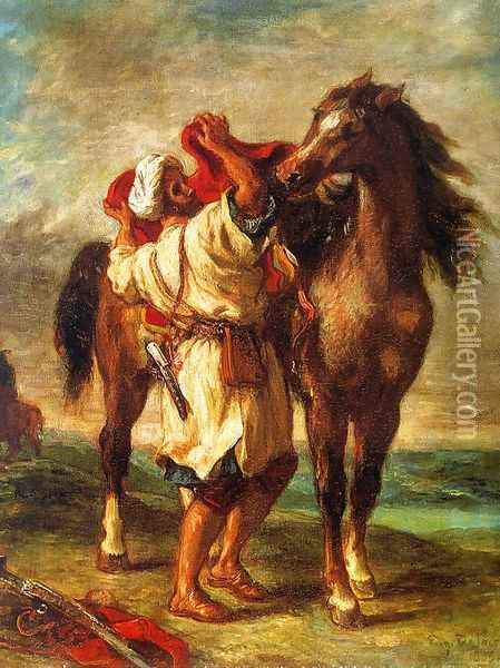 Arab Saddling his Horse 1855 Oil Painting - Eugene Delacroix