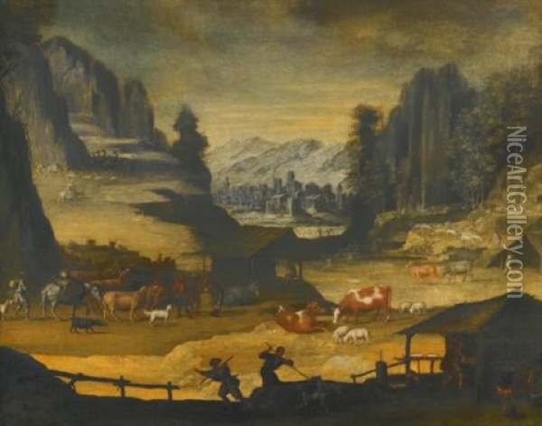 Mountainous Landscape With Cows, Herders And Wolves Oil Painting - Paul Bril