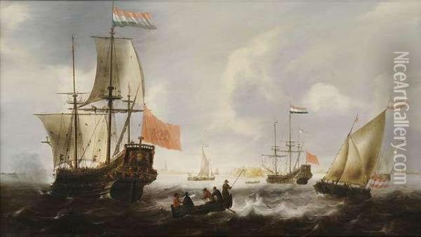 Dutch Frigates And Fishing Boats At The Coast Of Vlissingen. Oil Painting - Jacob Adriaensz. Bellevois