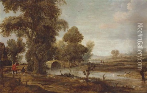 An Extensive River Landscape With Figures In The Foreground, A Dog Chasing Geese, And A Church Beyond Oil Painting - Aert van der Neer