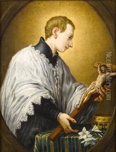 Saint Luigi Gonzaga Adoring A Crucifix, Within A Painted Oval Oil Painting - Pier Leone Ghezzi