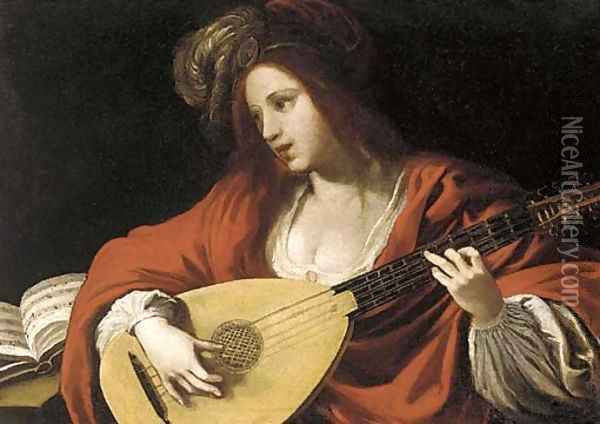 A lady in a red costume and plumed cap playing a lute Oil Painting - Claude Vignon