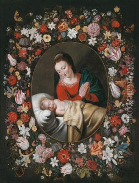 Peter Paul Rubens Cerchia Madonna Con Gesu Dormiente In Una Ghirlanda Di Rose Oil Painting - Andries Daniels