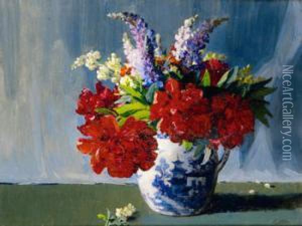 Still Life Of Peonies In Chinese Jug Oil Painting - Hans, Jean Iten