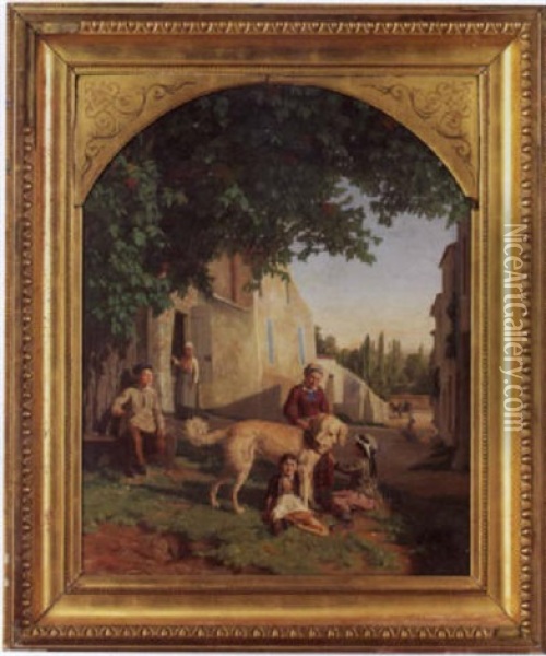Souvenir De Champigny Pres De Paris - Kinder Schmucken Einen Hund Auf Der Strasse Oil Painting - Carl Albert Von Salis-Soglio