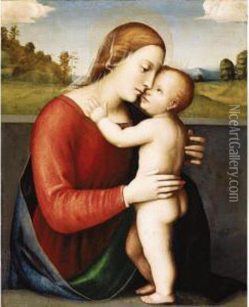 The Madonna Embracing The Christ Child On A Parapet, A Landscape Beyond Oil Painting - Francesco Francia
