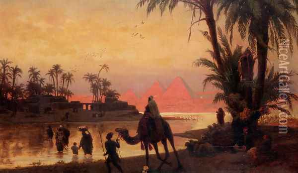 The River Nile With The Gizeh Pyramids Oil Painting - Otto Johann Heinrich Heyden