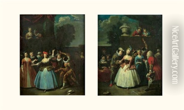 Arlequin Courtisant Une Jeune Femme (+ Arlequin Dans Un Bal; Pair) Oil Painting - Jan Baptist Lambrechts