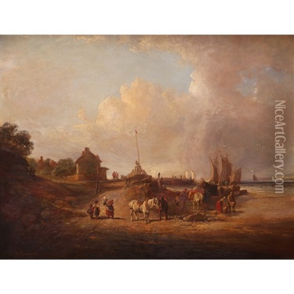 Fisherfolk Unloading Their Catch And Pack Horses Waiting Oil Painting - George Vincent