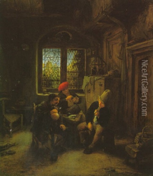 The Interior Of A Cottage With Three Peasants Smoking And Drinking Around A Stool Oil Painting - Adriaen Jansz van Ostade