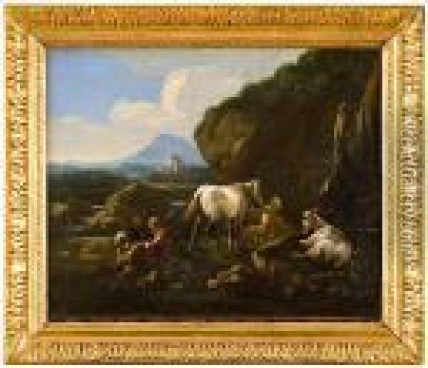 Campagna Romana Con Pastore Addormentato, Armenti E Cavallo Oil Painting - Philipp Peter Roos