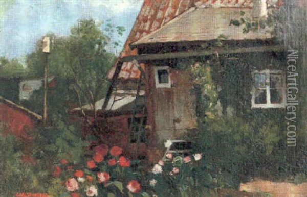 Gardsexterior Med Rosor Oil Painting - Carl Skanberg
