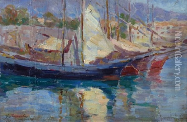 Barche In Porto Oil Painting - Giuseppe Pennasilico