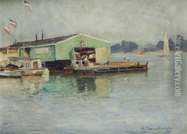 Am Yachtclub Bei Dusseldorf Oil Painting - Alfred Rasenberger