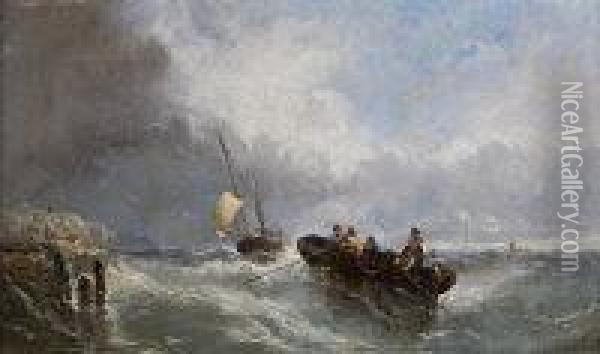 Fishermen In An Open Boat Off The Pier Oil Painting - Edwin Hayes