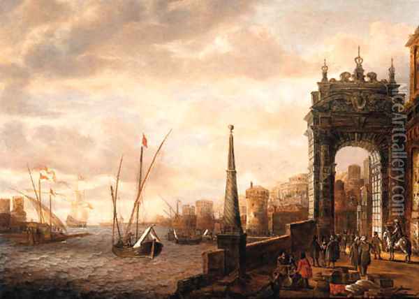 A Capriccio of a Mediterranean harbour with merchants and travellers on a quay by a gate, galleys and other shipping beyond Oil Painting - Jacobus Storck