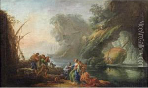 Un Paysage Mediteraneen Avec Des
 Personages En Avant Plan [circle Of Carlo Bonavia; A Mediteranean 
Lanscape With Figures In The Foreground; Oil On Canvas.] Oil Painting - Carlo Bonavia