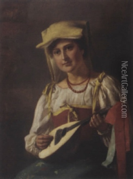 A Lady In Sicilian Costume Playing The Lute Oil Painting - Franz Xaver Schmid-Breitenbach