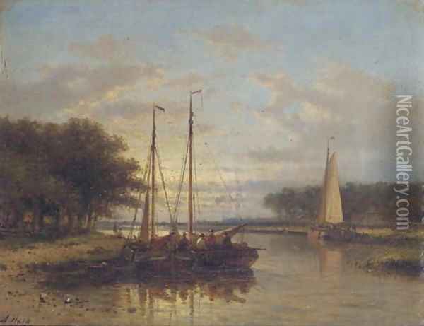 Sailing vessels on a calm river at dusk Oil Painting - Abraham Hulk Jun.